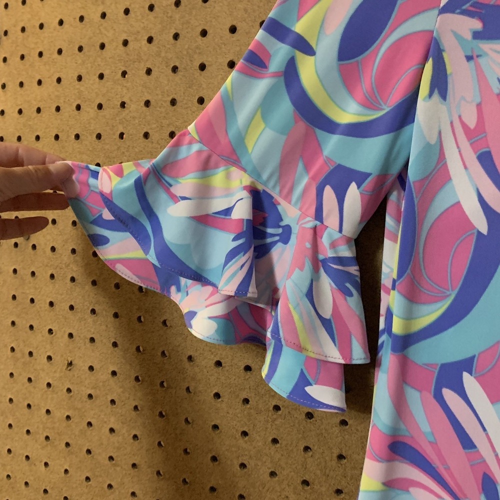 Preppy Pastel Pappagallo Shift Dress Small Pink Blue Floral Ruffle Bell Sleeve - Picture 4 of 8